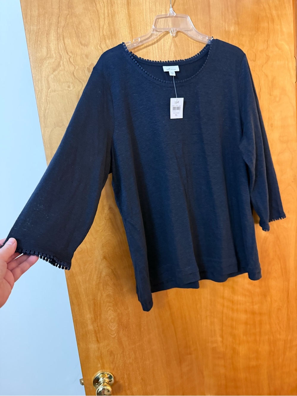 J. Jill Love Linen Navy Blue Crew Neck Top Shirt Decorative Trim NWT Size XL - Picture 2 of 9